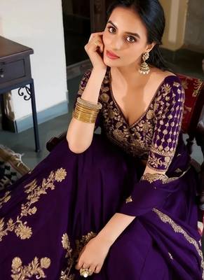 violet silk lehenga choli set with gold threadwork 4