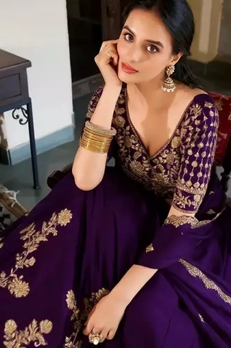 violet silk lehenga choli set with gold threadwork