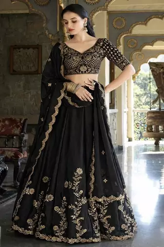 black silk lehenga choli with gold threadwork design