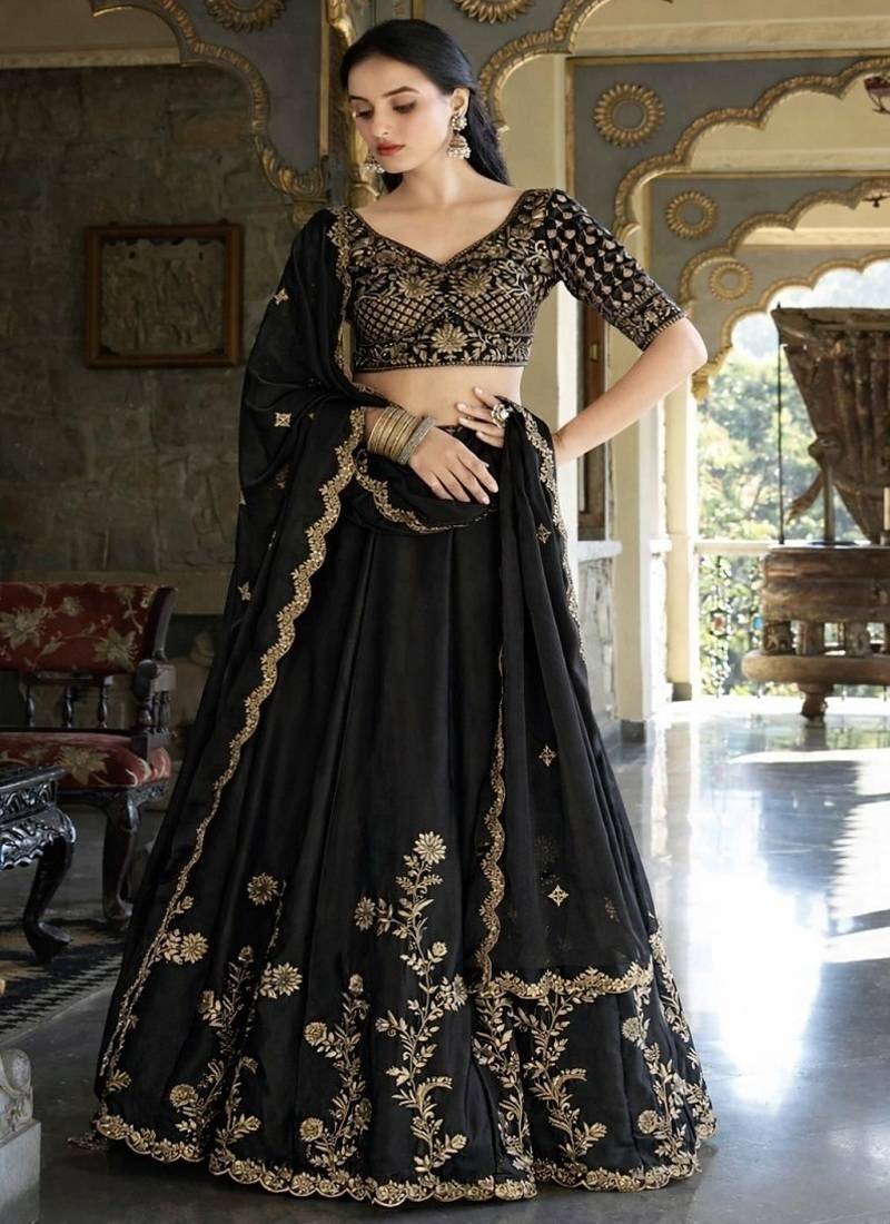 Black Embroidered Silk Lehenga Choli with Heavy Golden Threadwork & Dupatta | Bridal & Wedding Wear