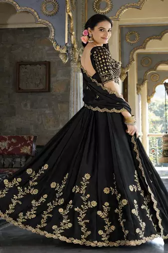 black silk lehenga choli with gold threadwork design