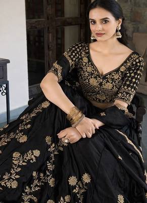 black silk lehenga choli with gold threadwork design 3