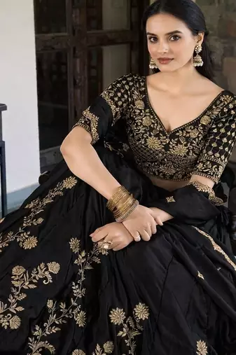 black silk lehenga choli with gold threadwork design