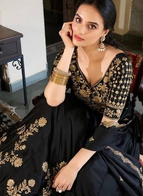 black silk lehenga choli with gold threadwork design 4