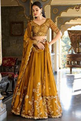 yellow silk lehenga choli with thread embroidery 1