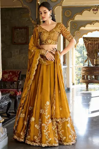 Yellow Embroidered Silk Lehenga Choli with Heavy Golden Threadwork & Dupatta | Bridal & Wedding Wear