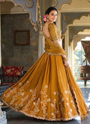 yellow silk lehenga choli with thread embroidery 2