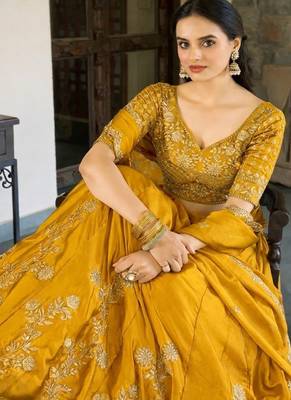 yellow silk lehenga choli with thread embroidery 3