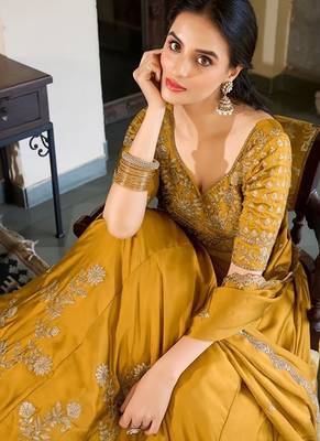 yellow silk lehenga choli with thread embroidery 4