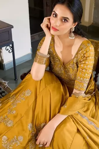 yellow silk lehenga choli with thread embroidery
