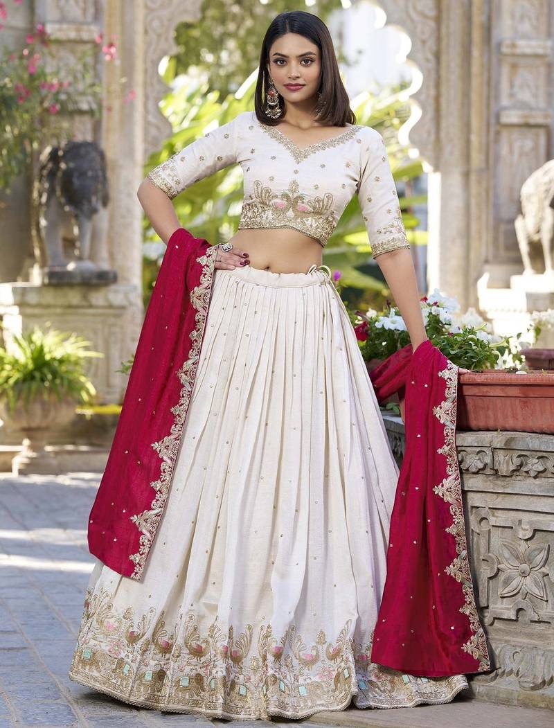 Women's Chinon Silk Embroiderd Semi-Stitched Lehenga Choli With Dupatta
