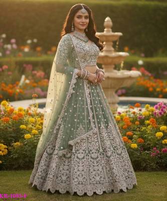 Green Net Semi Stitched Lehenga Choli with Embroidery & Dori Sequence Work 1