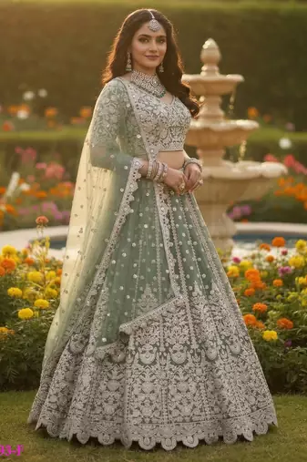 Green Net Semi Stitched Lehenga Choli with Embroidery & Dori Sequence Work