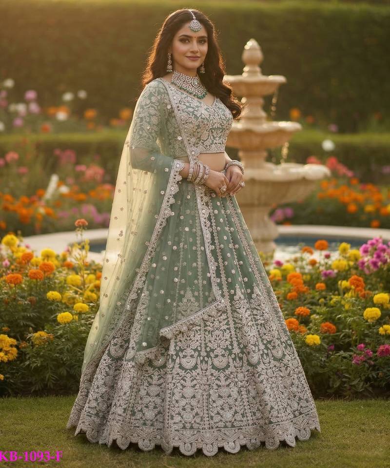 Green Net Semi Stitched Lehenga Choli with Embroidery & Dori Sequence Work