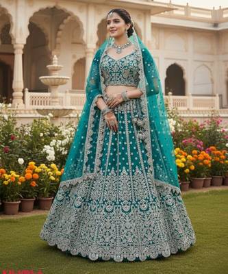 Blue Net Semi Stitched Lehenga Choli with Embroidery & Dori Sequence Work 1
