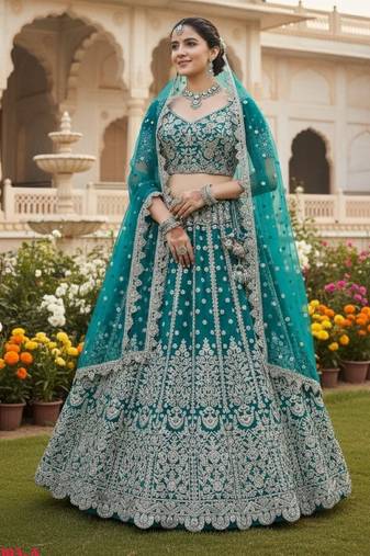 Blue Net Semi Stitched Lehenga Choli with Embroidery & Dori Sequence Work