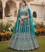 Blue Net Semi Stitched Lehenga Choli with Embroidery & Dori Sequence Work