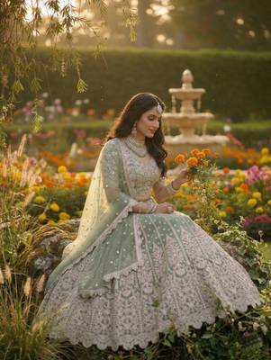 Green Net Semi Stitched Lehenga Choli with Embroidery & Dori Sequence Work 2
