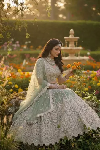 Green Net Semi Stitched Lehenga Choli with Embroidery & Dori Sequence Work