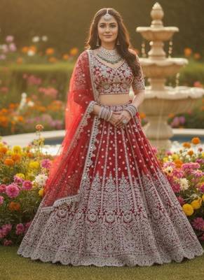Red Net Semi Stitched Lehenga Choli with Embroidery & Dori Sequence Work 1