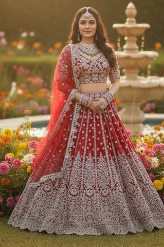 Red Net Semi Stitched Lehenga Choli with Embroidery & Dori Sequence Work