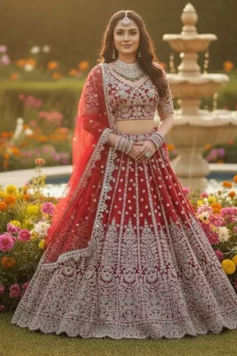 Red Net Semi Stitched Lehenga Choli with Embroidery & Dori Sequence Work