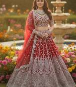 Red Net Semi Stitched Lehenga Choli with Embroidery & Dori Sequence Work