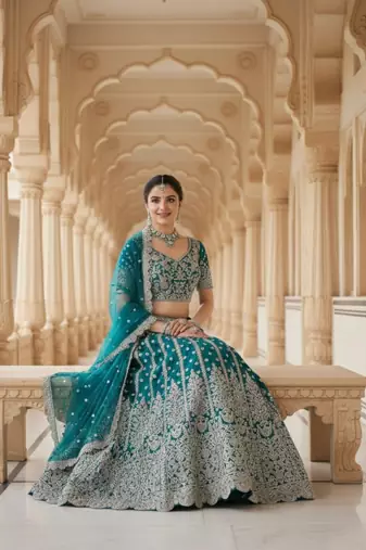 Blue Net Semi Stitched Lehenga Choli with Embroidery & Dori Sequence Work