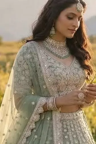 Green Net Semi Stitched Lehenga Choli with Embroidery & Dori Sequence Work