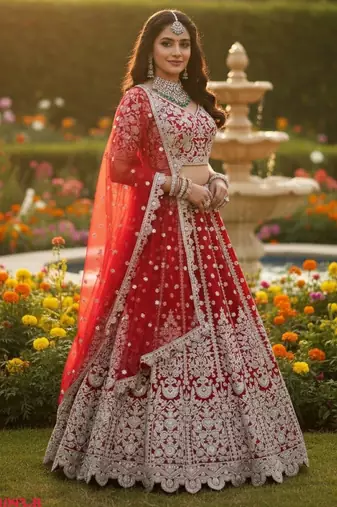 Red Net Semi Stitched Lehenga Choli with Embroidery & Dori Sequence Work