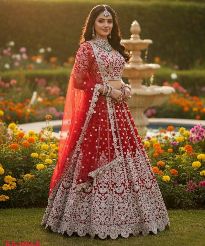 Red Net Semi Stitched Lehenga Choli with Embroidery & Dori Sequence Work