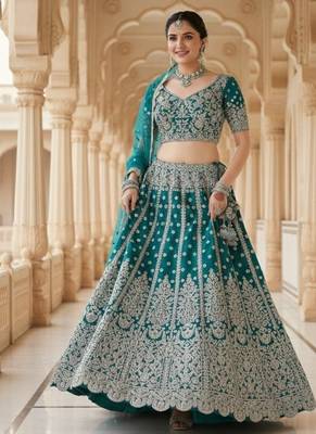 Blue Net Semi Stitched Lehenga Choli with Embroidery & Dori Sequence Work 3