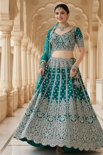 Blue Net Semi Stitched Lehenga Choli with Embroidery & Dori Sequence Work