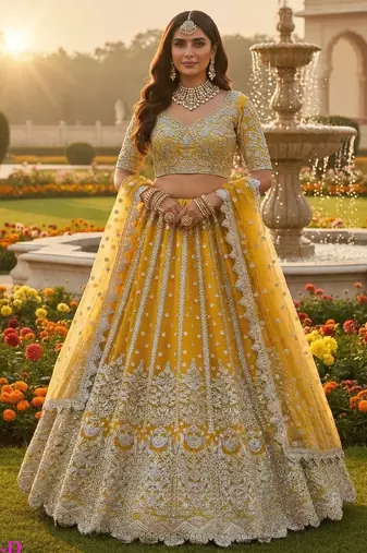 Yellow Net Semi Stitched Lehenga Choli with Embroidery & Dori Sequence Work
