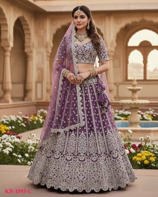 Lavender Net Semi Stitched Lehenga Choli with Embroidery & Dori Sequence Work 1