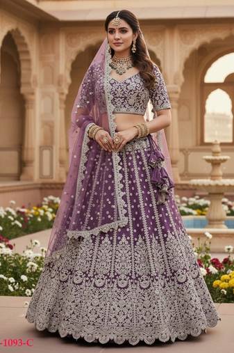 Lavender Net Semi Stitched Lehenga Choli with Embroidery & Dori Sequence Work