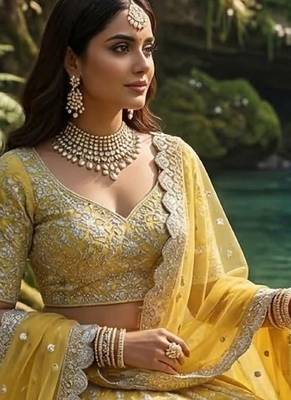 Yellow Net Semi Stitched Lehenga Choli with Embroidery & Dori Sequence Work 2