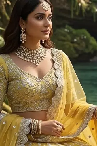 Yellow Net Semi Stitched Lehenga Choli with Embroidery & Dori Sequence Work