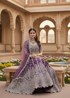 Lavender Net Semi Stitched Lehenga Choli with Embroidery & Dori Sequence Work 2