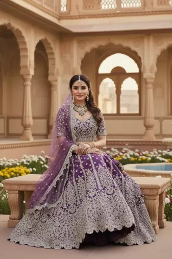 Lavender Net Semi Stitched Lehenga Choli with Embroidery & Dori Sequence Work
