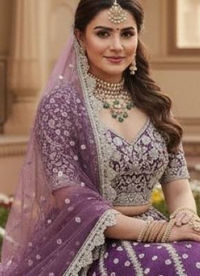 Lavender Net Semi Stitched Lehenga Choli with Embroidery & Dori Sequence Work 3
