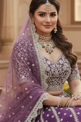 Lavender Net Semi Stitched Lehenga Choli with Embroidery & Dori Sequence Work