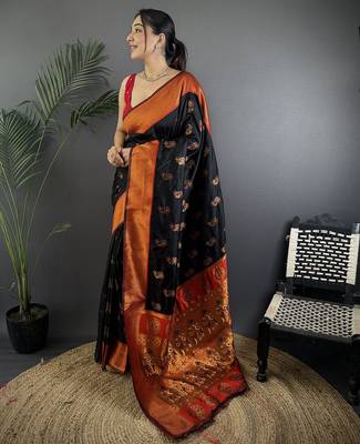 Black soft silk nath meenakari zari work paithani saree 1
