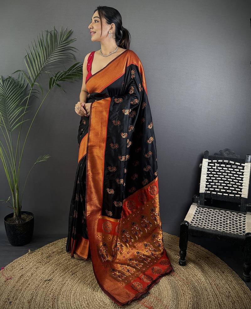 Black soft silk nath meenakari zari work paithani saree