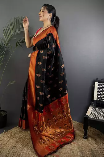 Black soft silk nath meenakari zari work paithani saree