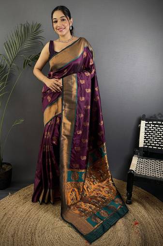 Wine soft silk nath meenakari zari work paithani saree