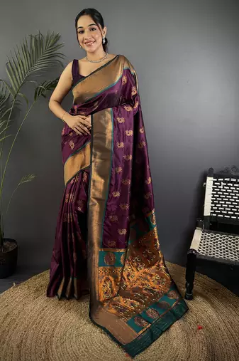 Wine soft silk nath meenakari zari work paithani saree