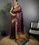 Wine soft silk nath meenakari zari work paithani saree