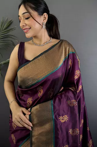 Wine soft silk nath meenakari zari work paithani saree