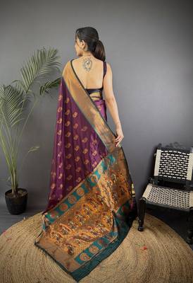 Wine soft silk nath meenakari zari work paithani saree 4